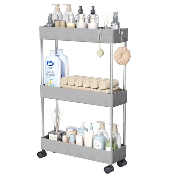 Cshidworld 3 Tier Slim Rolling Storage Cart, Bathroom Storage Organizer, Utility Shelving Unit for Office, Bathroom, Kitchen, Laundry Room & Narrow Places, Gray
