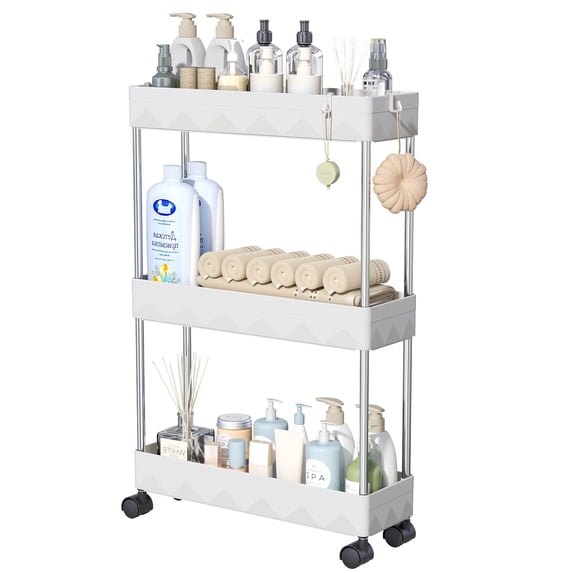 Cshidworld 3 Tier Slim Rolling Storage Cart, Bathroom Storage Organizer, Utility Shelving Unit for Office, Bathroom, Kitchen, Laundry Room & Narrow Places, White
