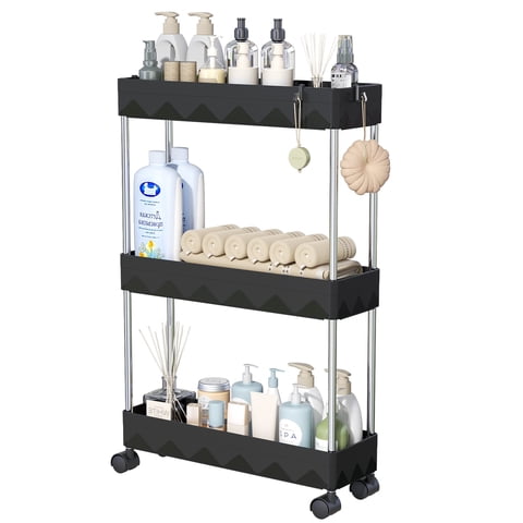 Cshidworld 3 Tier Slim Rolling Storage Cart, Bathroom Storage Organizer, Utility Shelving Unit for Office, Bathroom, Kitchen, Laundry Room & Narrow Places, Black