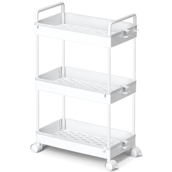 3 Tier Slim Rolling Storage Cart with Wheels Plastic Utility Cart Organizer for Snack Craft Art Postpartum Nail Makeup in Bathroom Laundry Room Kitchen Bedside Narrow Space, White