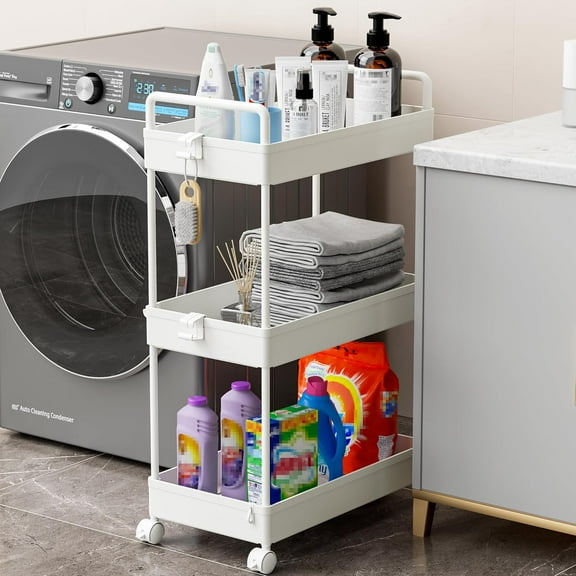 3 Tier Slim Rolling Storage Cart with Wheels Plastic Utility Cart Organizer for Bathroom Kitchen Laundry Room White
