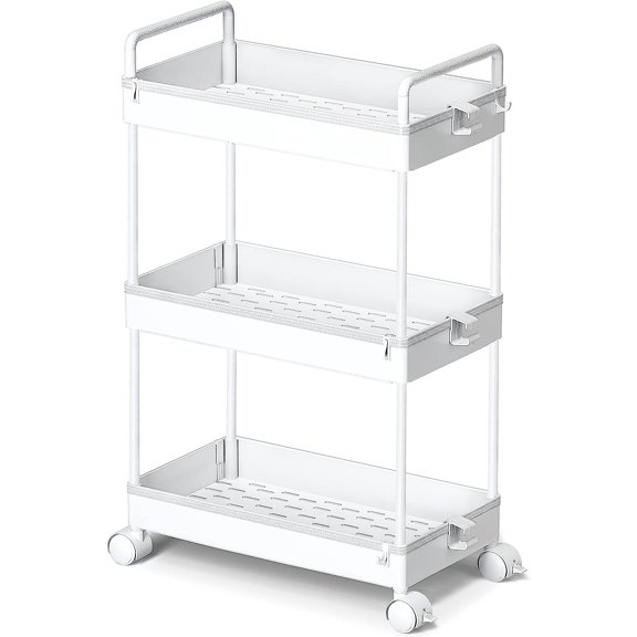 3 Tier Slim Rolling Storage Cart with Wheels Utility Organizer,White