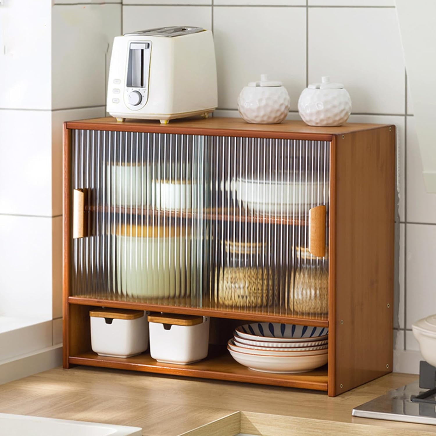 3Tier Small Bamboo Kitchen Pantry Sideboard with Sliding Striped Glass