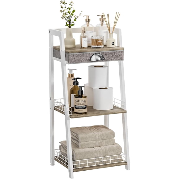 3-Tier Small Bathroom Shelves with Drawer, Floor Storage Shelf, Small Bathroom Stand Rack, Freestanding Ladder Shelf for Living Room Bedroom, WhiteBathroom Organizer