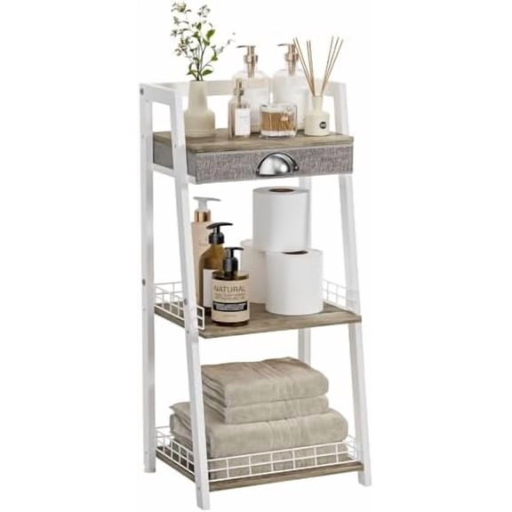 3-Tier Small Bathroom Shelves with Drawer, Floor Storage Shelf, Small Bathroom Stand Rack, Freestanding Ladder Shelf for Living Room Bedroom, White