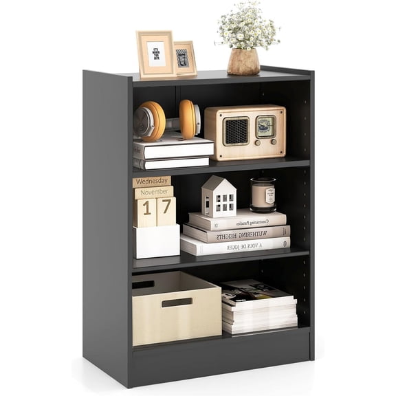 3-Tier Small Bookshelf, Freestanding Cube Storage Organizer, Wooden Open Display Book Shelves with 18-Position Adjustable Panels, Low Bookcase for Kid's Room, Bedroom, Closet (Black)