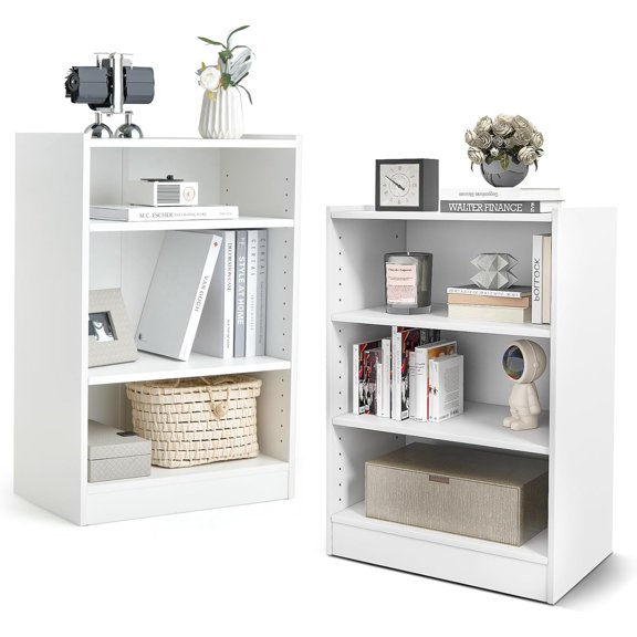 3-Tier Small Bookshelf Set of 2, Freestanding Cube Storage Organizer, Wooden Open Display Book Shelves with 18-Position Adjustable Panels, Low Bookcase for Kid's Room, Bedroom (White)
