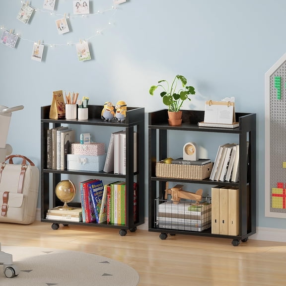3-Tier Small Bookshelf with Wheels, Bedside Cart Library Cart, Rolling Bookcase for Small Space, Movable Standing Storage Shelves for Living Room/Bedroom/Office, Black