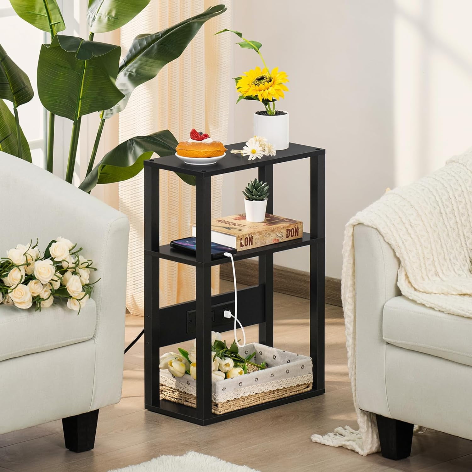 3Tier Small Narrow Wood Side Table with Charging Station, Skinny