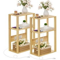3 Tier Small Narrow Bamboo Side Table Set of 2 with Charging Station - Skinny Nightstand for Small Spaces, Slim Bedside Table with USB Ports and Outlets - Thin End Table with Storage, Natural