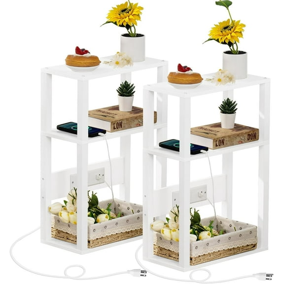 3-Tier Small Narrow Wood Side Table Set of 2 with Charging Station - Skinny Nightstand for Small Spaces, Slim Bedside Table with USB Ports and Outlets - Thin End Table with Storage, White