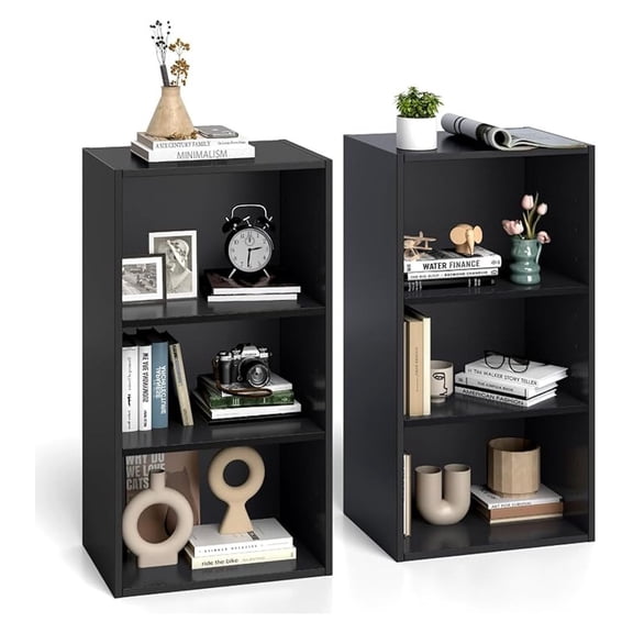 3 Tier Small Open Bookshelf Set of 2, Short Bookcase with 2 Adjustable Shelves, Multifunctional Storage Cabinet, Modern Display Shelf for Living Room, Bedroom, Study, Home Office, Black