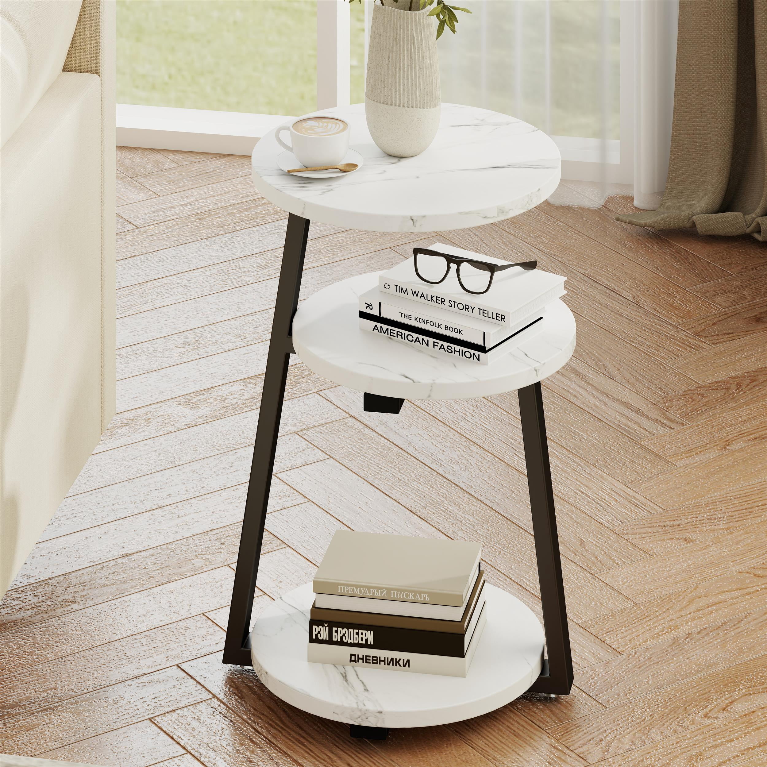 3 Tier Small Round Solid Wood Side Table White Black Metal Frame ...
