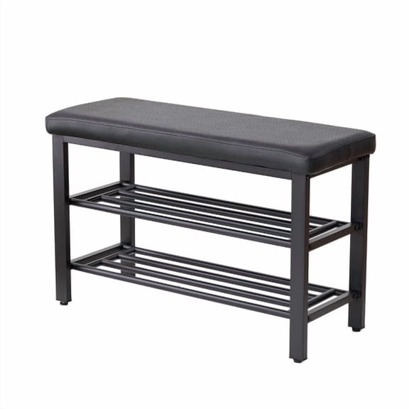 3-Tier Small Shoe Rack Bench with PU Seat Cushion, Entryway Shoe Rack Bench Storage with Metal Mesh Shelves, Freestanding Shoe Organizer for Hallwa