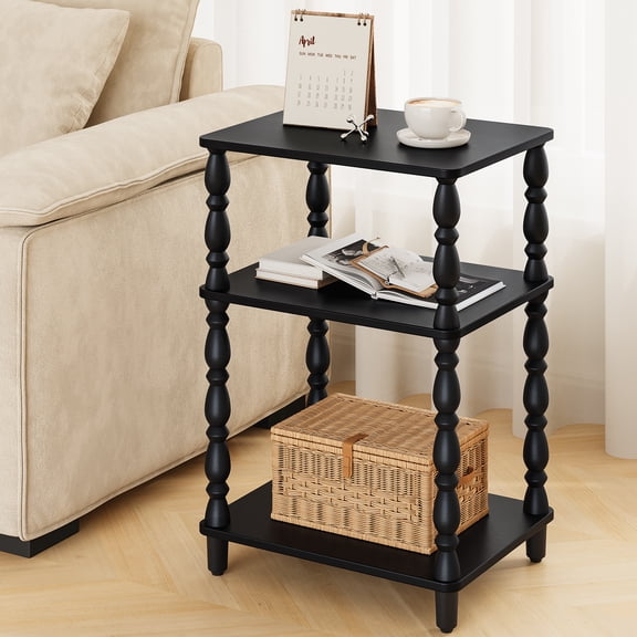 Small Side Table with 3-Tier Shelf, Wood End Table for Living Room Bedroom, Narrow Nightstand for Small Spaces, Black