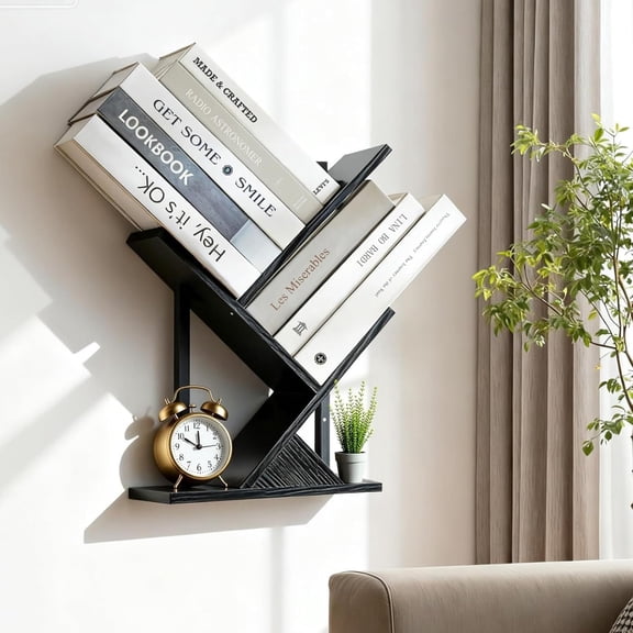 3 Tier Small Tree Bookshelf Black Floating Book Shelves for Wall, Unique Hanging Bookshelf Small for CDs/Magazine/Books Display, Desktop shelf Floor Standing Mini Bookcase for Bedroom, Living Room