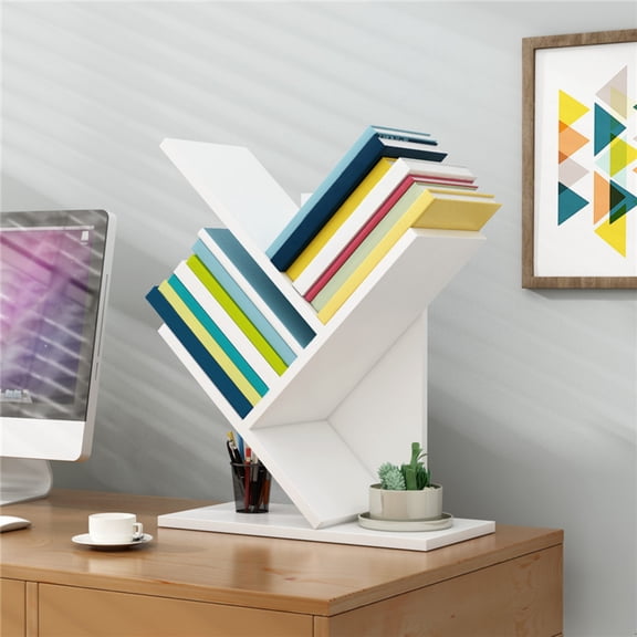 3 Tier Small Tree Bookshelf, Desktop Bookshelf Floor Standing Bookcase Display for CDs/Magazine/Books, Wooden Storage Shelves for Home Office Bedroom Living Room, Light walnut Maple color white black