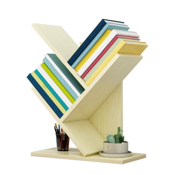 3 Tier Small Tree Bookshelf, Desktop Bookshelf Floor Standing Bookcase Display for CDs/Magazine/Books,  Wooden Storage Shelves for Home Office Bedroom Living Room, Light walnut Maple color white black