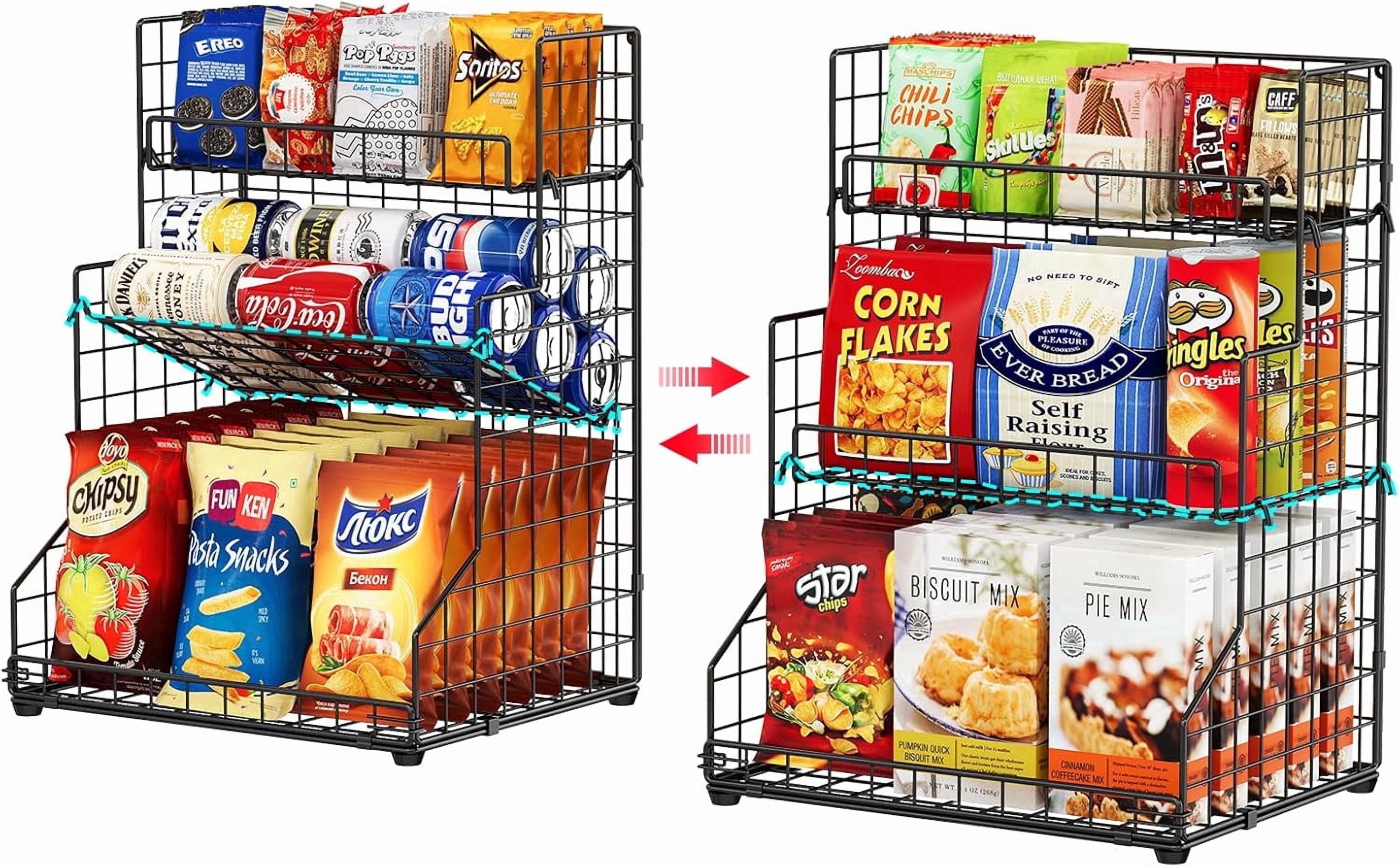 X-COSRACK 3-Tier Snack Organizer Rack, Foldable Metal Wire Canned Food Holder with Adjustable Tilt, 11.8"x9.4"x16.5"