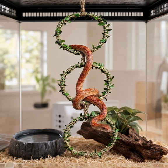 3-Tier Snake Climbing Rings for Ball Python, Natural Jungle Vine Enclosure Decor, Hanging Enrichment Toys for Corn Snakes Geckos Lizards, Wood Trunk Tank Decor for Terrarium