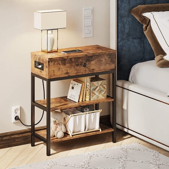 3-Tier Sofa End Table Side Tables w/ Pull-Down Drawer USB Ports for Living Room