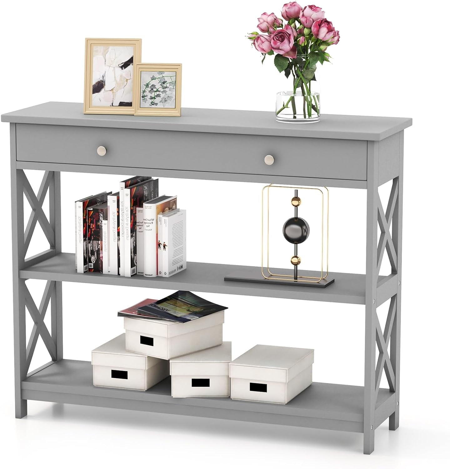 3-Tier Sofa Tables, Long Narrow Console Table with Large Drawer & 2 ...