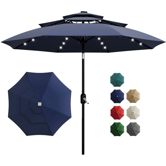 3-Tier Solar Patio Umbrella, Outdoor Table Umbrella with Vents, Easy Crank and Push Button Tilt, Market Umbrella with 8 Sturdy Ribs for Pool, Deck