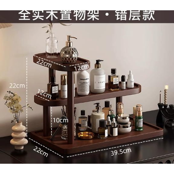 3 Tier Solid Wood Countertop Storage Organizer,Asymmetrical Multi-Layer Cosmetic Display Rack,Mid-Century Wooden Vanity Shelf for Skincare,Perfume & Bathroom Accessories