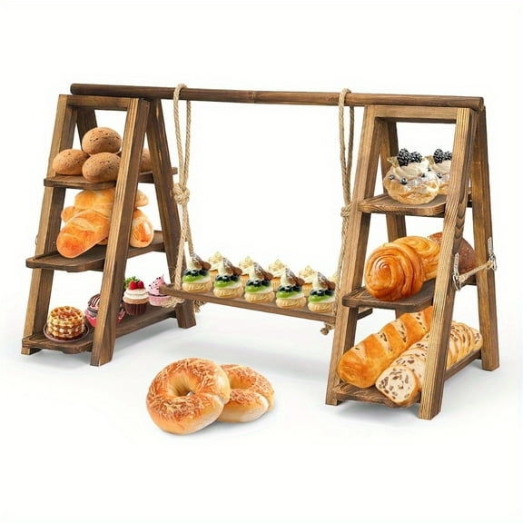 3-Tier Solid Wood Dessert Table Display Set - Dark Walnut Ladder Stand with Serving Trays, Wedding Cupcake Cart, Folding Cake Stand for Parties & Events