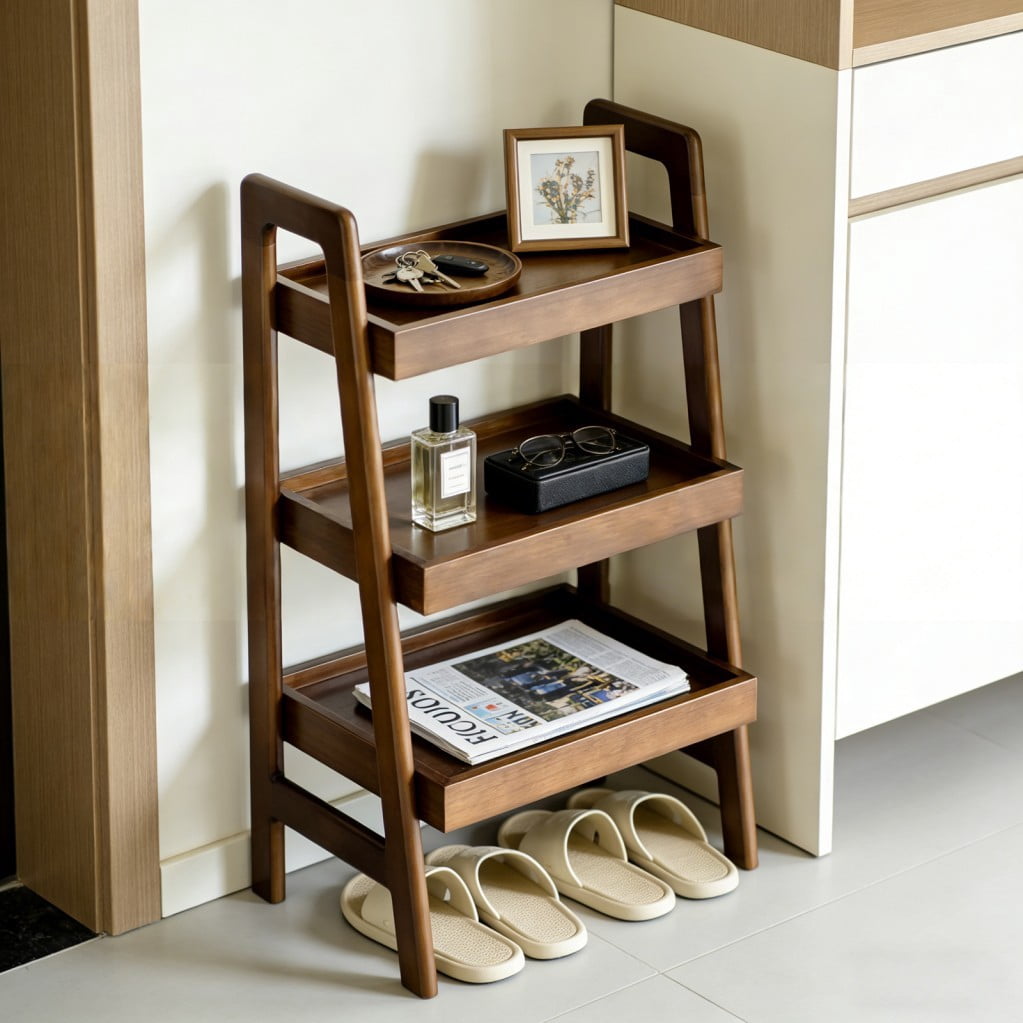 3-Tier Solid Wood Ladder Shelf, 100% Wood Bookshelf with Open Storage & Protective Edges, Freestanding Space-Saving Display Rack, Walnut