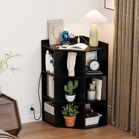 3-Tier Space-Saving Corner Bookcase with 9 Cubbies - /LDF Corner Cabinet Suitable for Small Spaces, Retro -Standing Shelf, Assembly, Compatible for Living Room & Bedroom