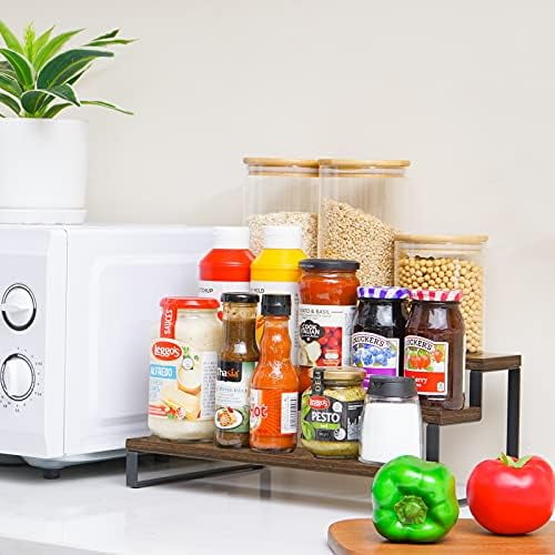 3-Tier Spice Rack, 13.8 Inch Wood Step Shelf Countertop Spice Storage Holder, Kitchen Pantry Cabinet Organizer Cupboard for Spice Bottles, Jars, Seasonings, Baking Supplies, Metal Frame
