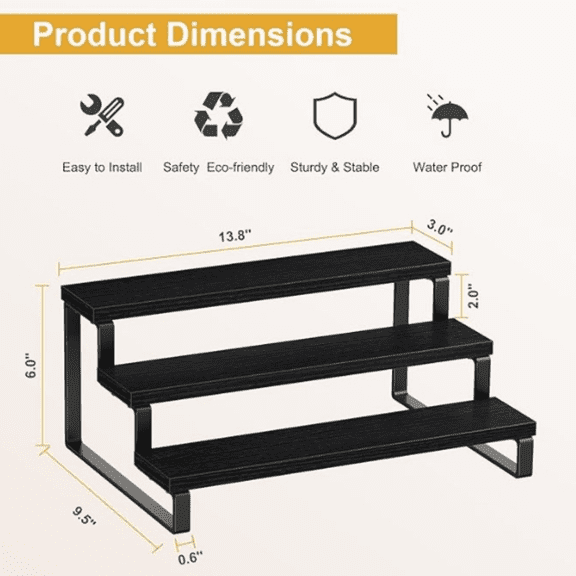 3 Tier Spice Rack, Cabinet Organizer Shelf, Wooden Spice Rack for Countertop, Kitchen Counter Storage Shelves Cupcake Stand Holder Display Stand, Black