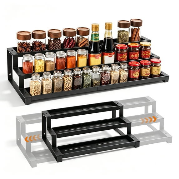 3-Tier Spice Rack Organizer for Kitchen Cabinet or Pantry, 16"-29.5" Expandable Metal Spice Shelf, Seasoning Organizer with Guardrails for Jars, Bottles, Cans, Black