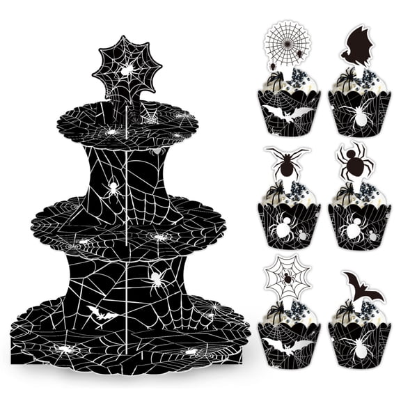 3Tier Spider Web Cupcake Stand KitDessert Display Tower with Cupcake Wrappers & ToppersCake Holder for Party Decor.