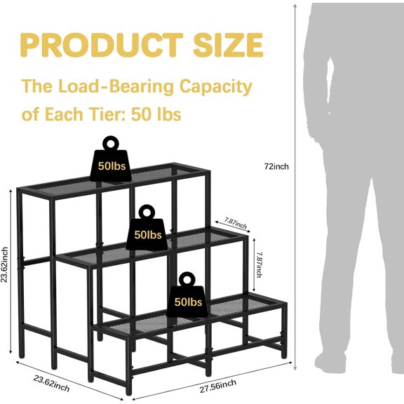 3 Tier Split Type Large Metal Plant Stand Stackable, Garden Display Shelf Flower Pot Holder Storage Organizer Rack for Indoor Home Outdoor Patio Balcony Yard( Black,Rectangle)$$Garden & Patio
