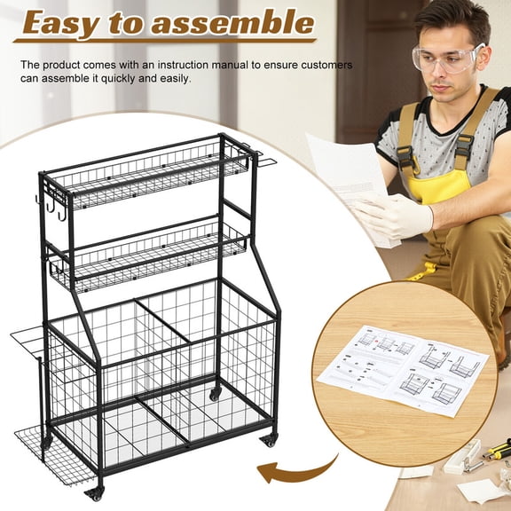 3-Tier Sports Equipment Organizer With Lockable Wheels, 5 Removable Metal Baskets & Bat Racks, For Garage, Gym And Home Storage