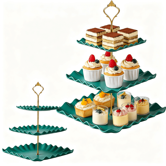 3 Tier Square Cupcake Stand 1PC 14.5" Height Dessert Tower with 6/8/10 Inch Tiered Trays Heavy Duty Plastic Serving Platter Green