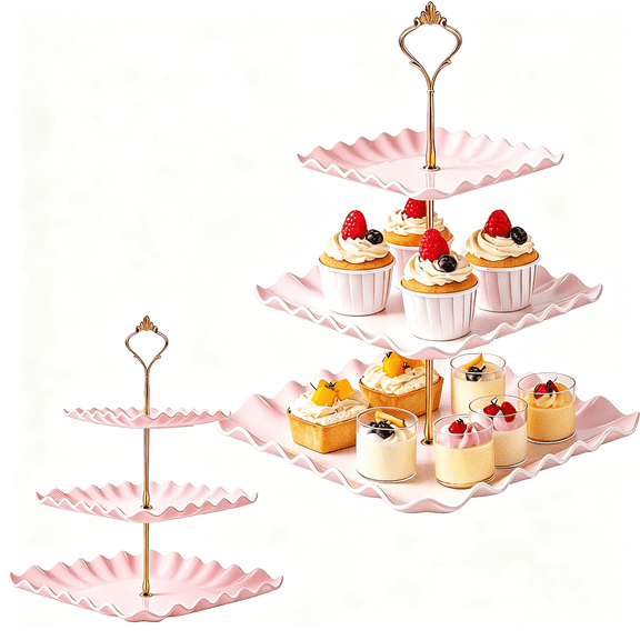 3 Tier Square Cupcake Stand 1PC 14.5" Height Dessert Tower with 6/8/10 Inch Tiered Trays Heavy Duty Plastic Serving Platter Pink