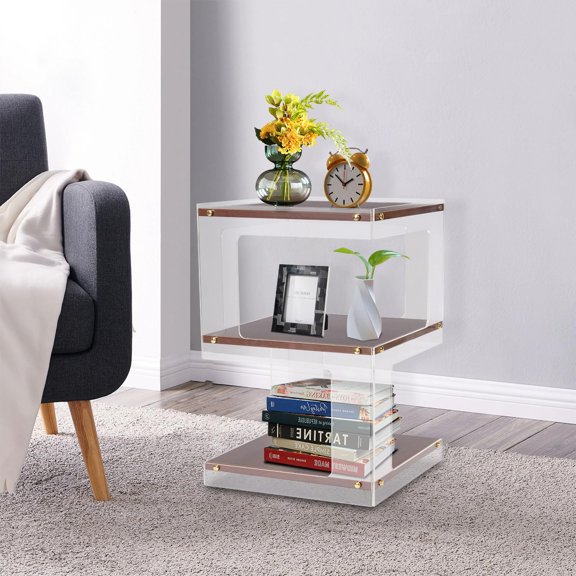 3-Tier Square End Table with Acrylic Frame and Walnut Finish
