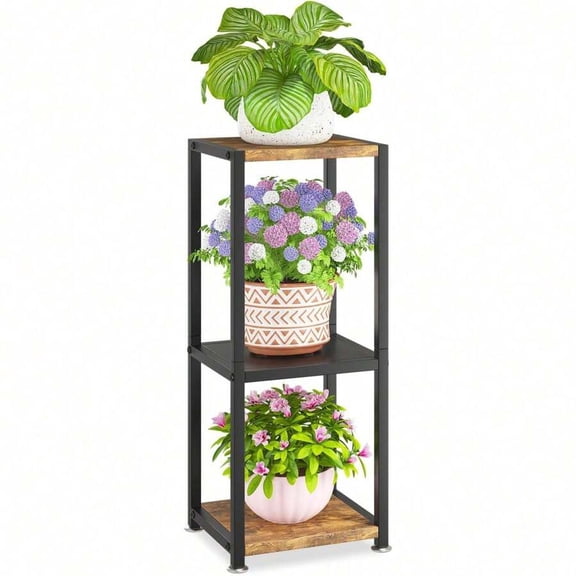 3 Tier Square Metal Plant Stand With Wood Shelves, 33 Inch Rustproof Iron Flower Pot Holder For Indoor Outdoor Use