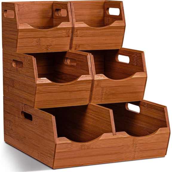 3-Tier Stackable Bamboo Pantry Storage Baskets with Handles & Removable Divider, Multi-Use Vegetable Fruit Organizer Bins Walnut Finish for Kitchen Cabinet Office