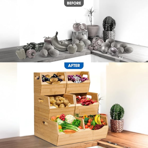 3-Tier Stackable Bamboo Pantry Storage Bins with Handles & Removable Divider, Large Capacity Vegetable Basket Organizer, Space-Saving Kitchen & Cabinet Storage
