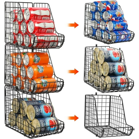 3 Tier Stackable Can Organizer for Pantry, X-cosrack Standing Dispenser Storage Bins,Metal Wire Basket Beverage Pop Soda Rack Stand Kitchen Pantry Countertop Cabinets,Black