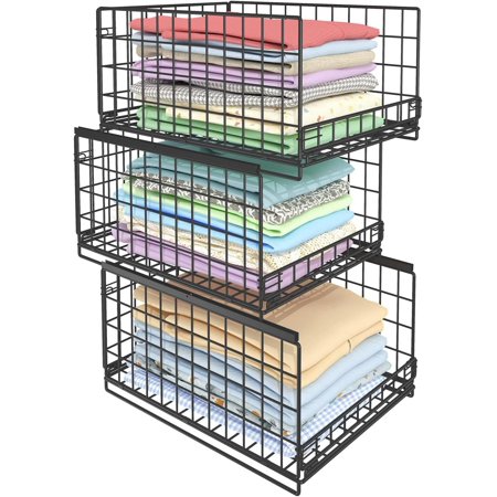 3-Tier Stackable Closet Organizers and Drawer Storage Shelves - Sliding Storage Bins for Jeans, Pants, and Sweaters - Wardrobe Cupboard Organizer for closet organization-Black