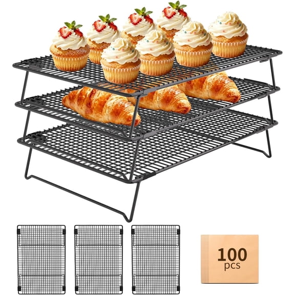 3-Tier Stackable Cooling Rack, 17"x11" Heavy Duty Wire Baking Rack | 100 count  Paper,Oven Safe Multiuse cookie cooling rack for Pizza,Cake, Bread, Cupcake, Bacon