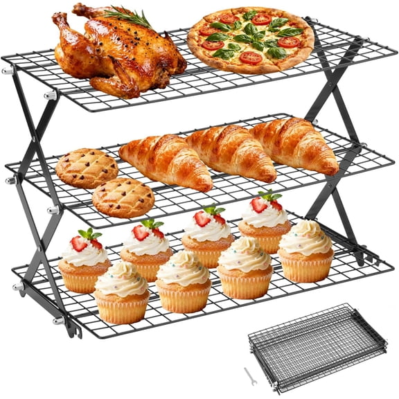 3-Tier Stackable Cooling Rack for Baking, Collapsible Wire Cookie Rack with Adjustable Heights, Non-Stick Roasting & Drying Rack for Cupcakes, Pies and Pastries, Space-Saving Kitchen Essential