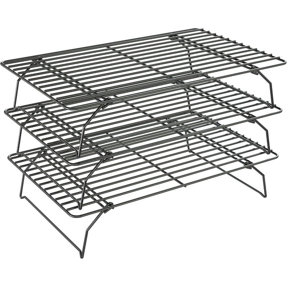 3 Tier Stackable Cooling Rack for Batch Cooling Cookie, Pizza, Cake - 15.8" x 10" - Heavy Duty Cooling Racks for Cooking and Baking, Oven and Dishwasher Safe Baking Supplies - Black