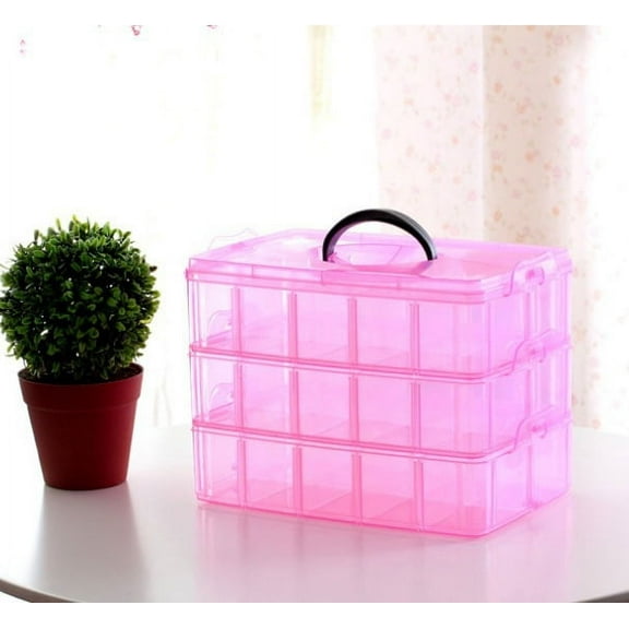 3-Tier Stackable Craft Organizers and Storage Box with 30 Compartments,Bead Organizer,Plastic Storage Box for Toys,Dolls, Arts and Craft, Washi Tape, Rock Collection, Ribbons,Pink