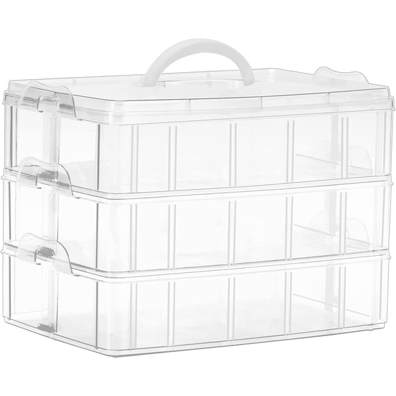 3-Tier Stackable Craft Organizers and Storage Box, Clear | 30 Compartments, Bead Organizer, Plastic Storage Box for Toys, Dolls, Arts and Craft, Washi Tape, Rock Collection, Ribbons